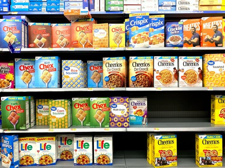 Cereal Product Packaging On Grocery Store Shelf