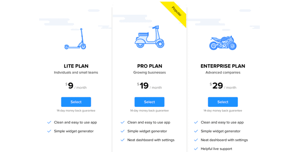 Example of a pricing widget