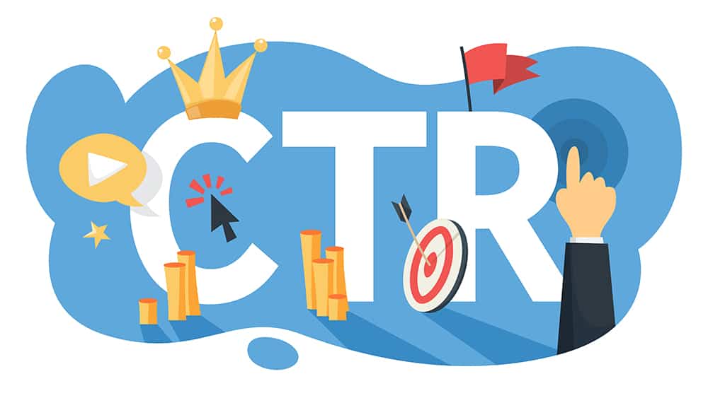 CTR acronym for click through rate. Internet campaign and marketing strategy. Advertising with banner on web page. Flat vector illustration